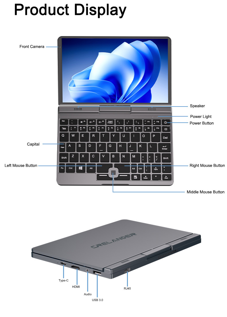 CRELANDER P8 Mini Laptop 8 Inch Touch Screen Intel Lake N150 12GB DDR5 WiFi 6 2 In 1 Laptop Notebook Tablet PC Pocket Laptop