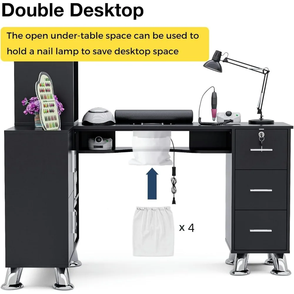 Manicure Table Nail Station w/Dust Collector - L-Shaped Nail Tech Table with Shelves, Storage Cabinets, Drawers, Metal Handles