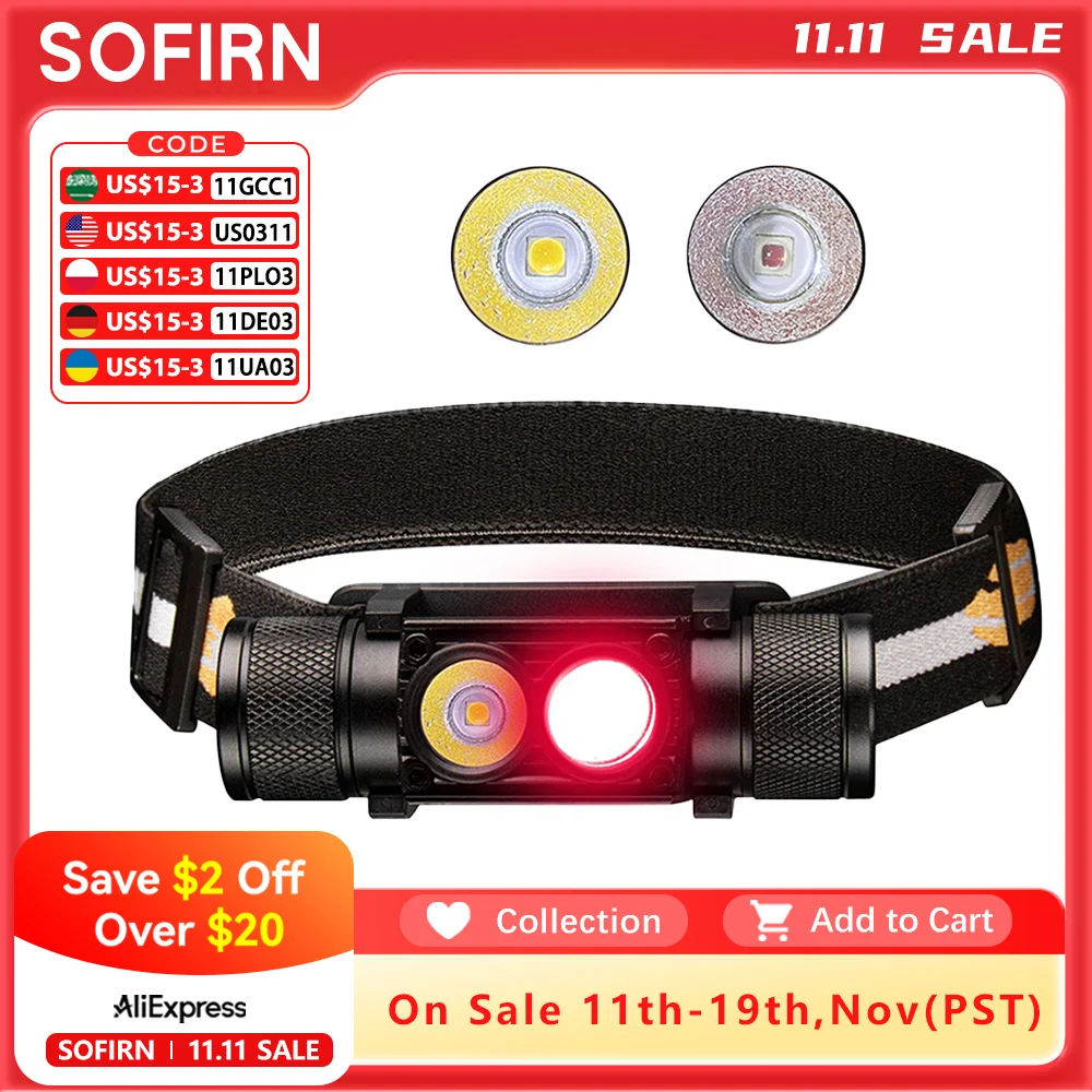 Linterna frontal recargable LED H25LR USB C con luz blanca brillante de 90 grados de alto CRI y antorcha roja profunda de 660 nm
