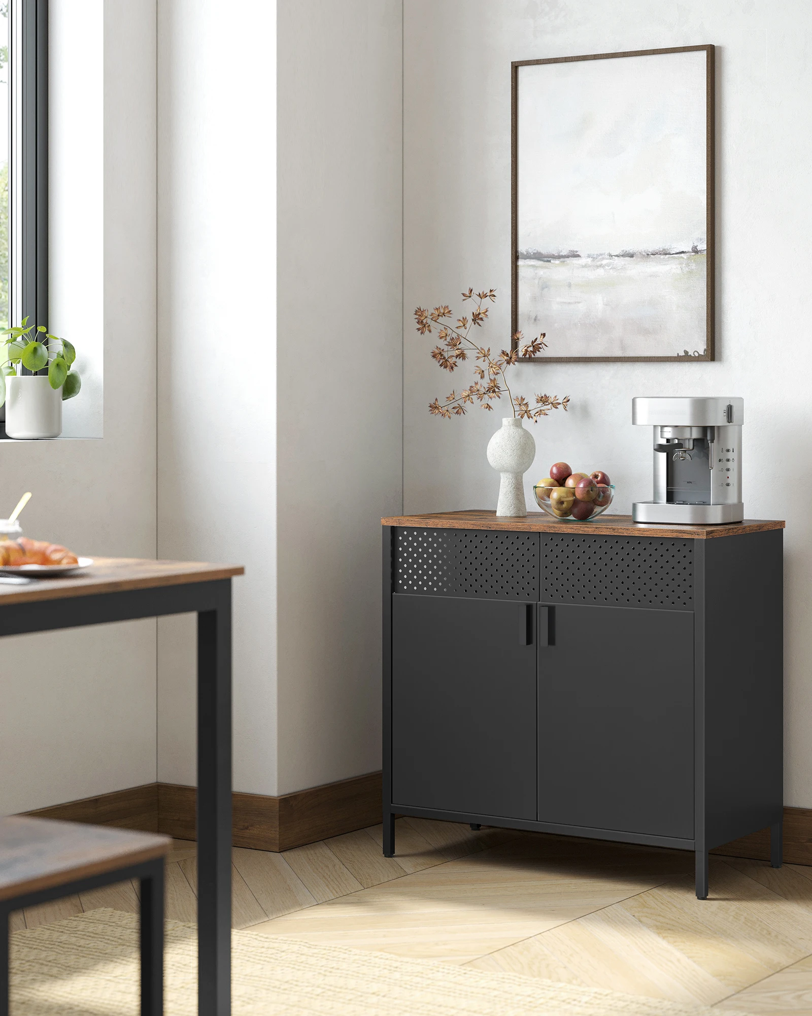 Sideboard, küchenschrank, schrank mit Doppeltür, verstellbarer Einlegeboden, Stahlgestell, Industriestil, multifunktional