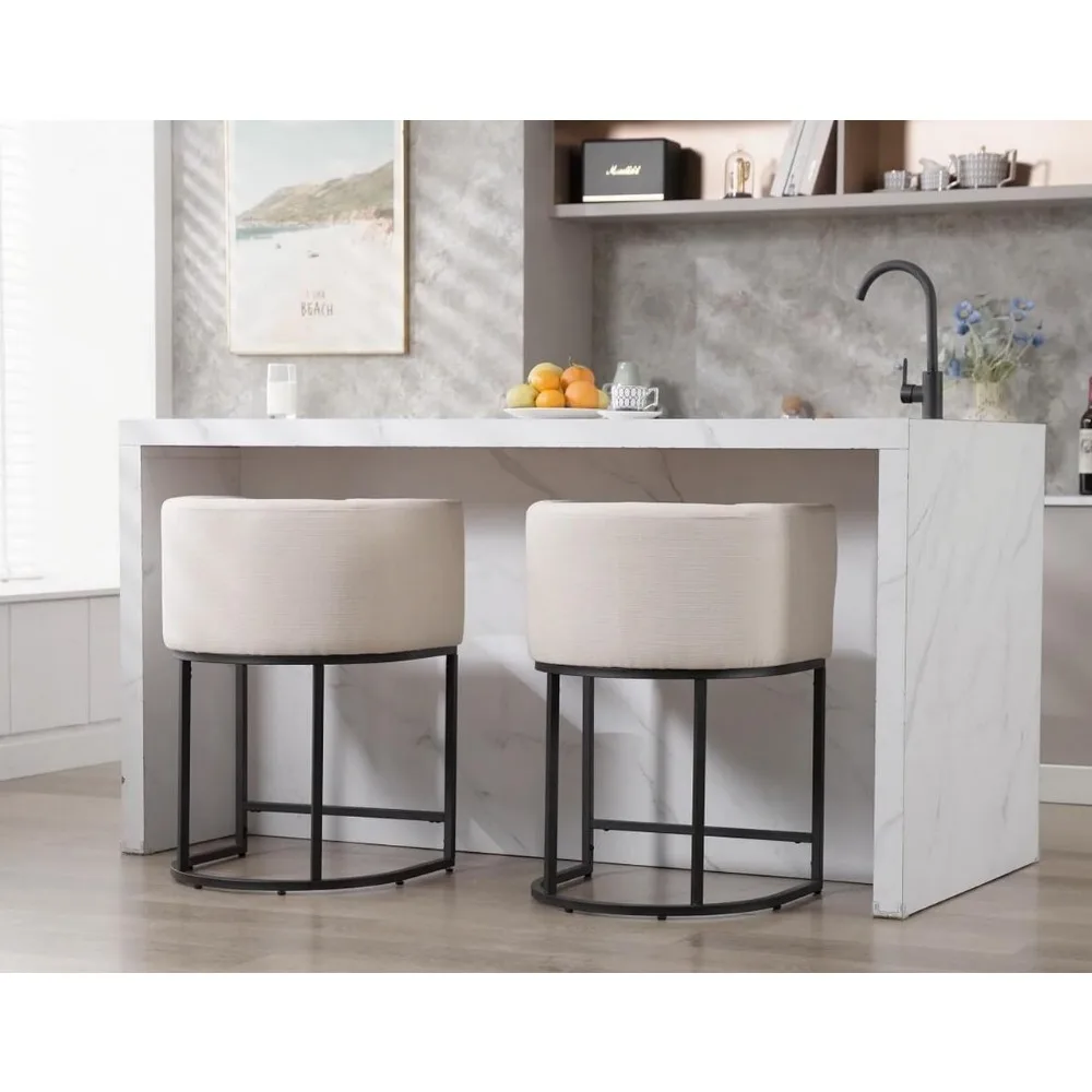 Contemporary Cream Linen Bar Stools Set of 3, 24" Upholstered Fabric Counter Height Barstools Kitchen Counter Island Stools with