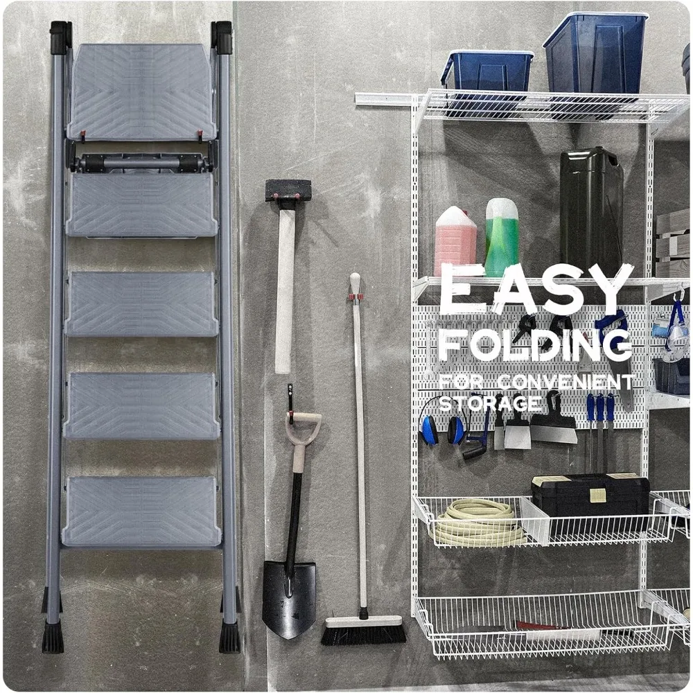 5 Step Ladder, Foldable Step Stool Ladder with Handrails & Tray, 660 lbs Heavy Duty Wide Pedals, Sturdy Steel Folding L