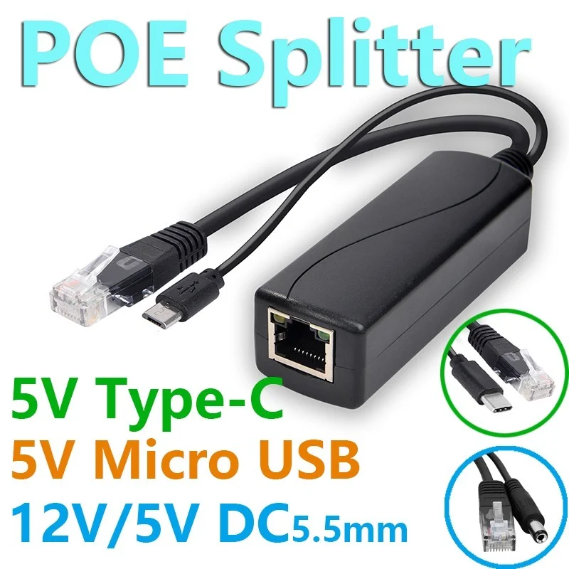 Divisor PoE 5v POE usb tpye-C Power Over Ethernet 48V a 5V divisor POE activo Micro USB tpye-C enchufe para Raspberry Pi