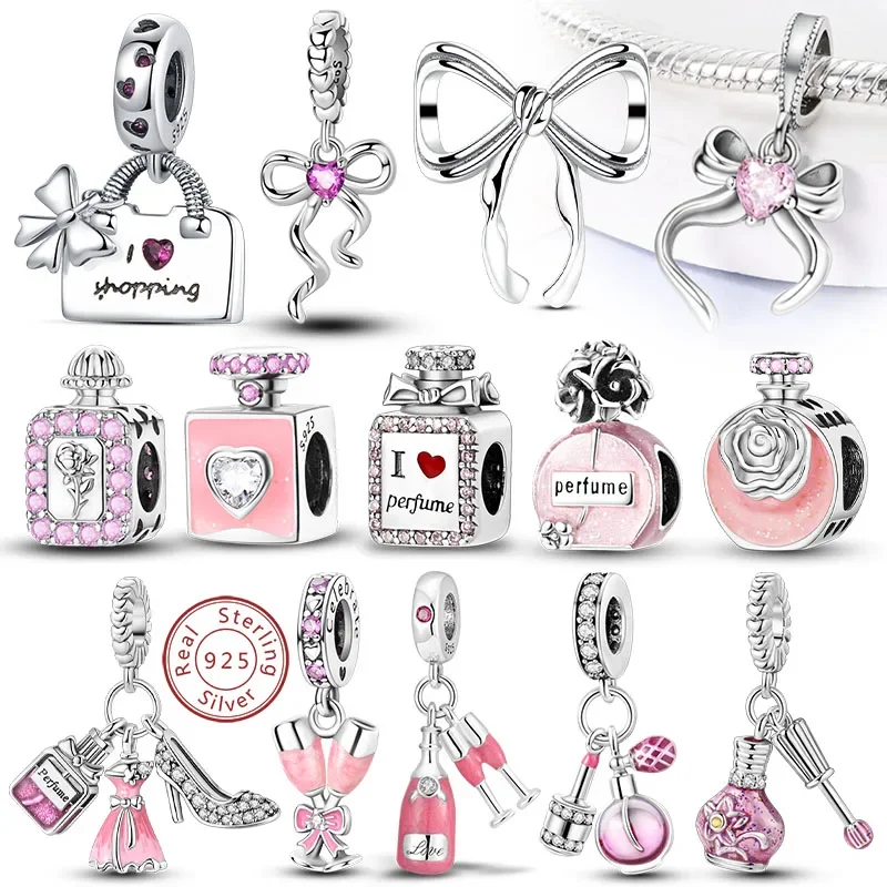Abalorios de plata de ley 925 originales con cuentas, botella de Perfume con lazo, abalorios rosas para mujer, regalos de joyería de cumpleaños DIY finos