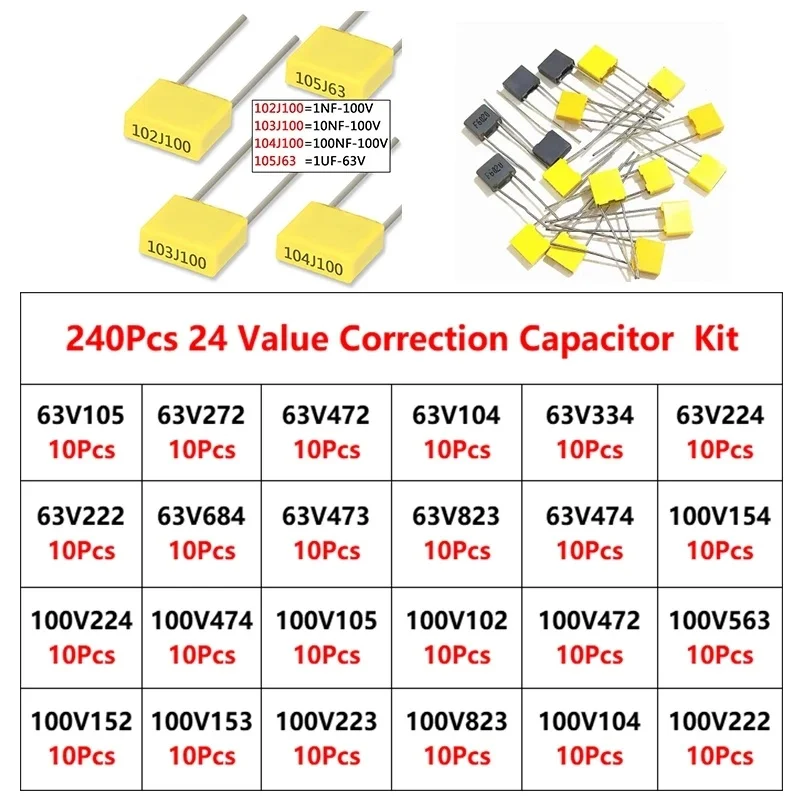 240-teiliges Korrekturkondensator-Set, sortiertes Kit, 24 Werte x 10 Stück 100 V, 102J-105J, Polypropylen-Sicherheits-Kunststofffolienkondensatoren-Set