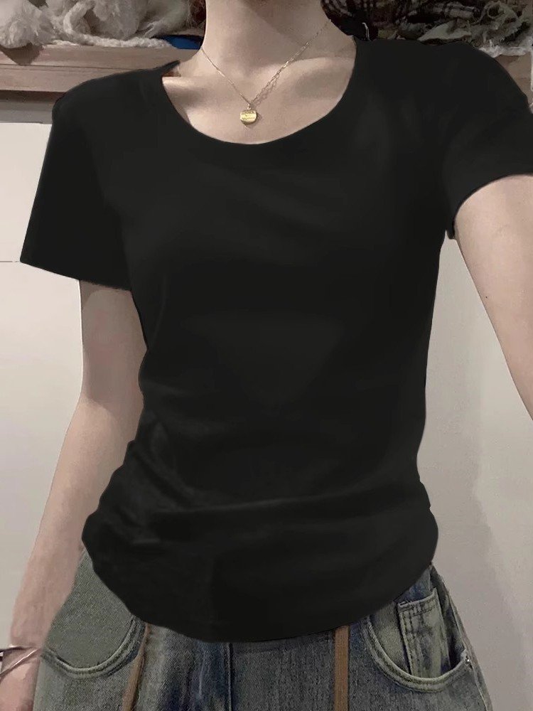 Cseta Fena Slim Fit de Manga Curta Cseta de Camada Base Design Sensação Pure Desire Coreano-Americano Top para Garo...