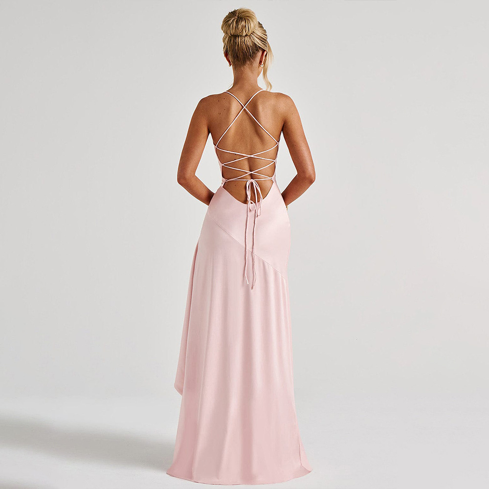 Elegante spaghetti band satijnen split maxi-jurk dames sexy backless bodycon feestavondjurk zomervakantie strandkleding