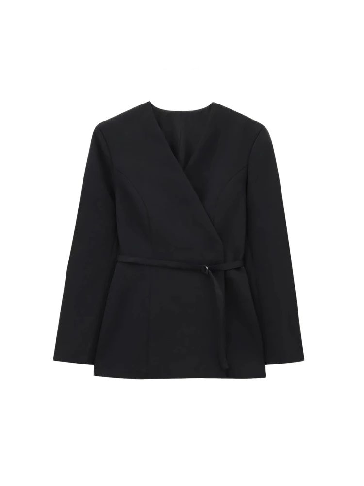 Chique blazerjas met V-hals en riem voor dames, mode-bovenkleding met lange mouwen en drukknopen