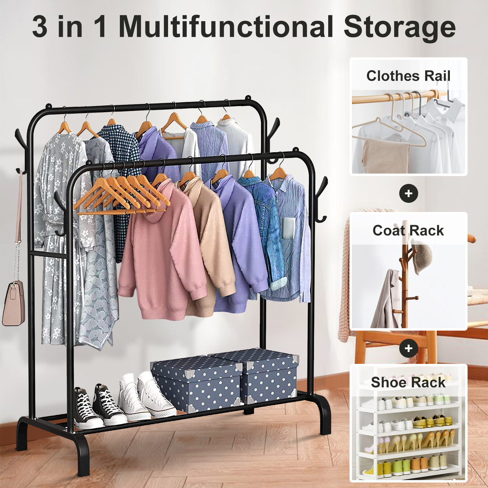 Double Rail Standing Clothes Rack Clothes Rail Shoes Rack Storage Shelf Wall Clothes Rack for Wardrobe Room Bedroom Living Room