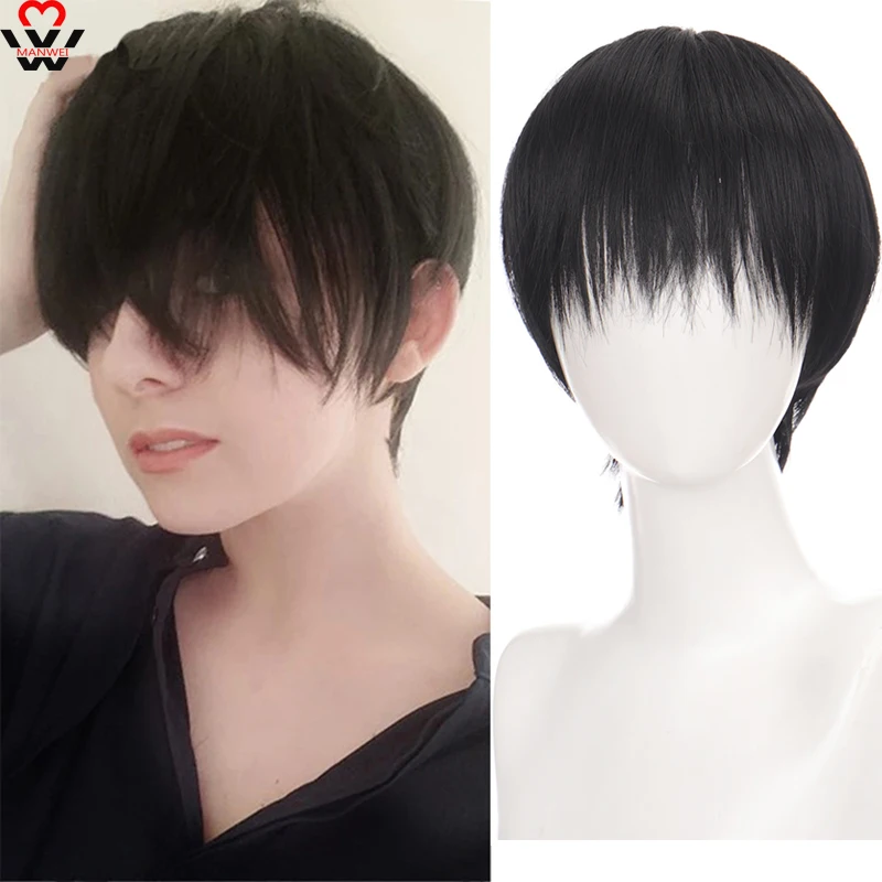MANWEI Nam Thời Trang Ngắn Tóc Giả Màu Vàng Nhạt Tóc Vàng Tổng Hợp Bộ Tóc Giả Với Bangs Cho Nam Nữ Bé Trai Trang Phục Hóa Trang Anime Halloween