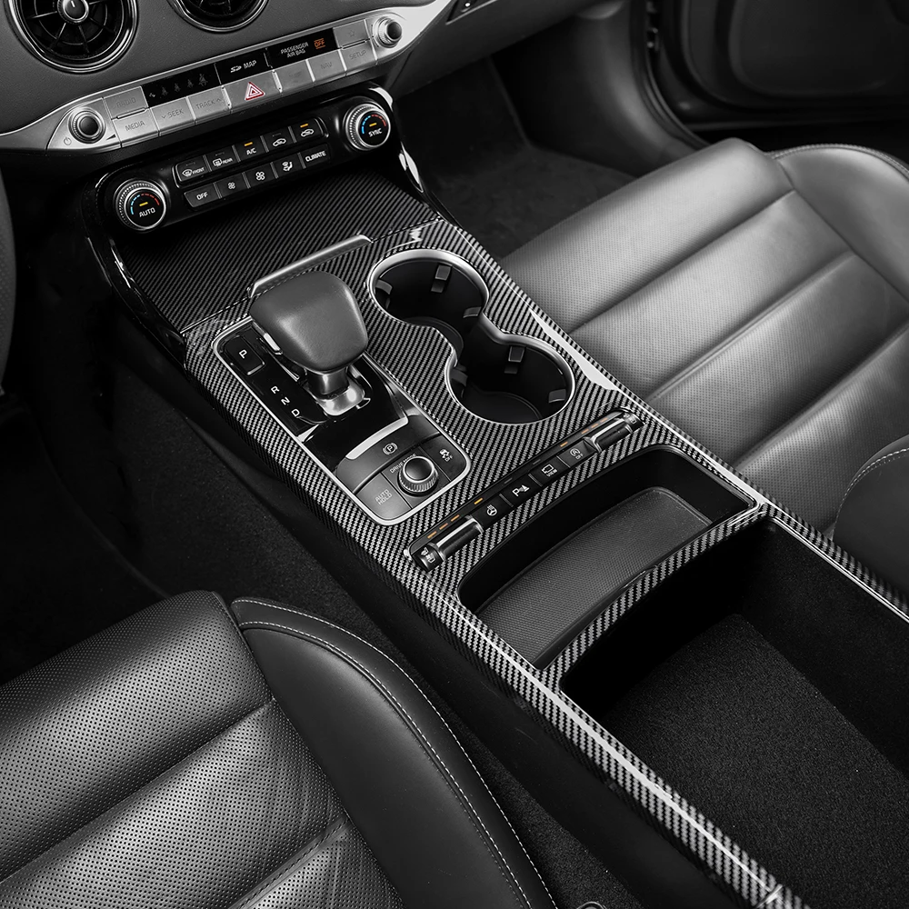 สําหรับKia Stinger 2018-2023 คอนโซลกลางอัตโนมัติภายในคอนโซลเกียร์Shift Centralถ้วยน้ํากล่องเก็บกรอบLHD/RHD
