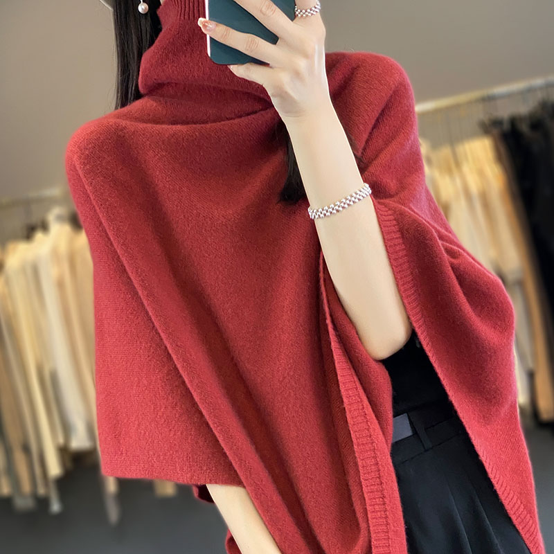 Spring Autumn High Quality Shawl Women's Medium to Long Korean Sleeveless Casual  Wool KnitHigh Neck Pullover CapeJacket