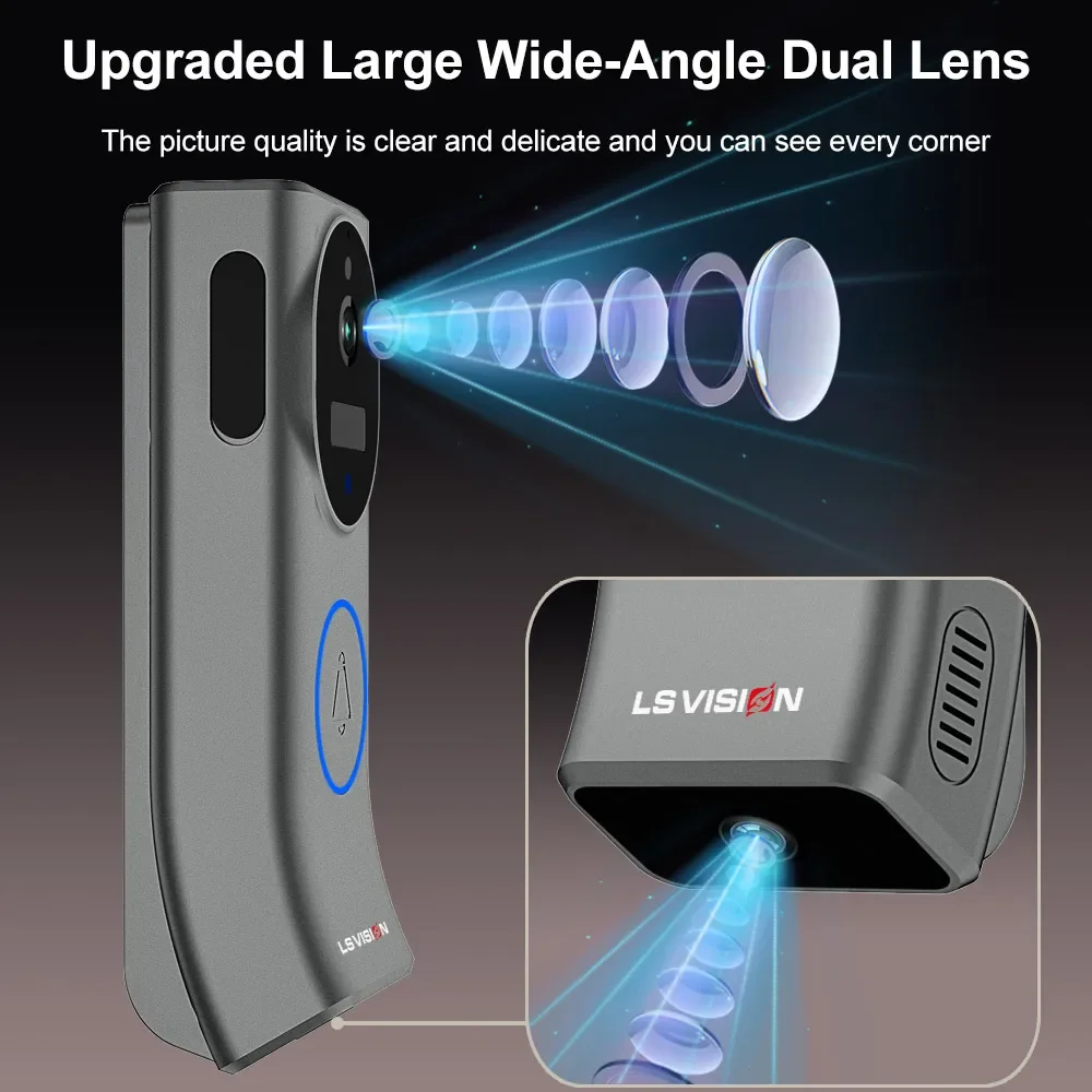 Ls vision campainha de vídeo com tela dupla 2k, 4mp, wi-fi, lente dupla, detecção de movimento pir, bateria de áudio bidirecional, câmera com carrilhão