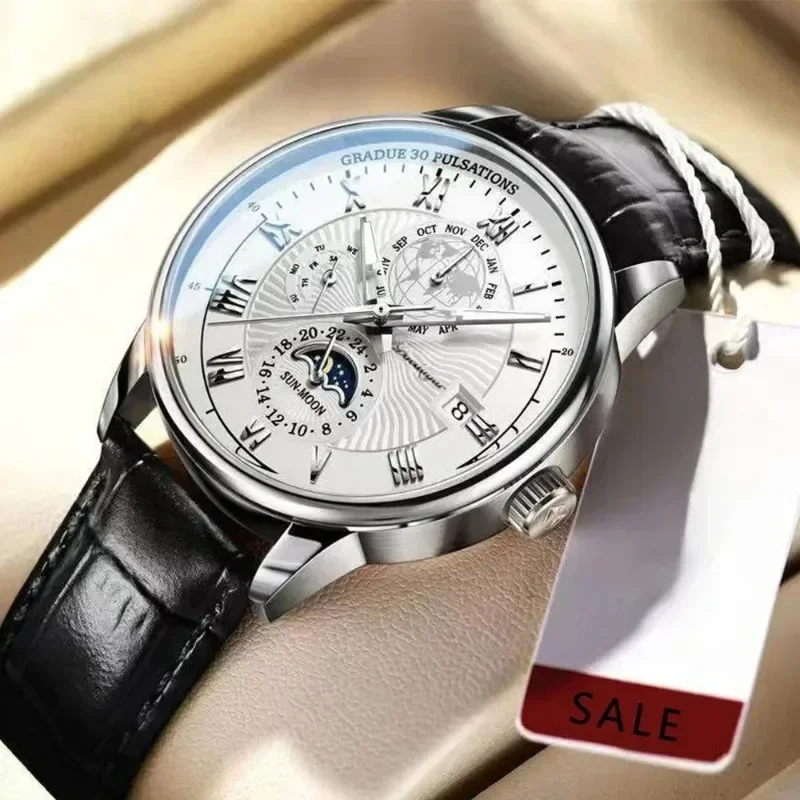 Reloj de lujo para hombre, cronógrafo resistente al agua, patrón de fase lunar, reloj de pulsera luminoso para hombre, relojes de cuarzo de cuero PU para hombre, reloj informal