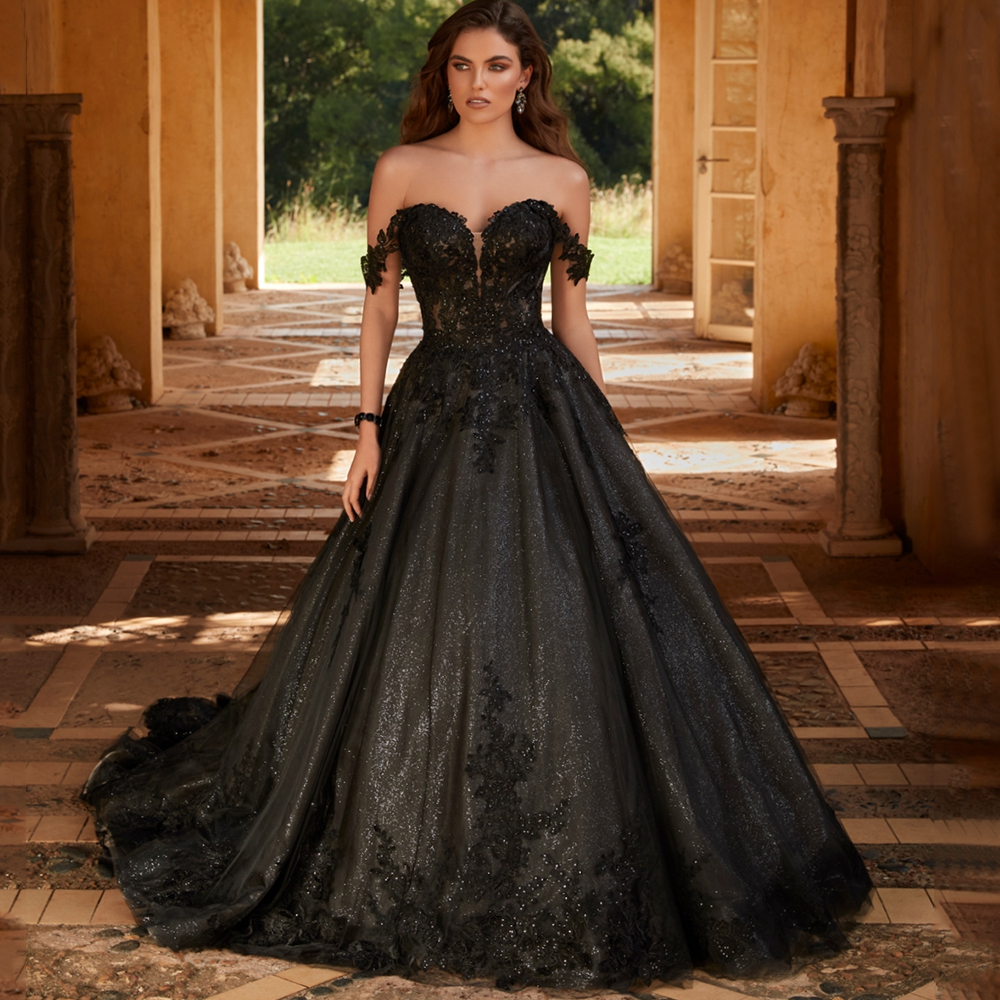 Black Wedding Dress Sweetheart Off the Shoulder Classic Applique Tulle Shiny A-Line Floor Length Bride Open Back Gowns Custom