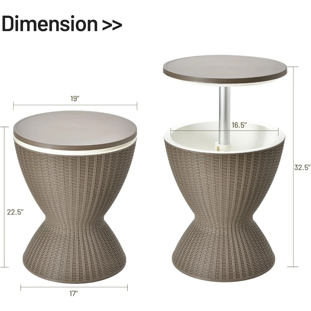 Outdoor Cool Bar Table, 8 Gallon Beer and Wine Cooler, Height Adjustable Rattan Style Cocktail Patio Bar Tables, 3-in-Ice
