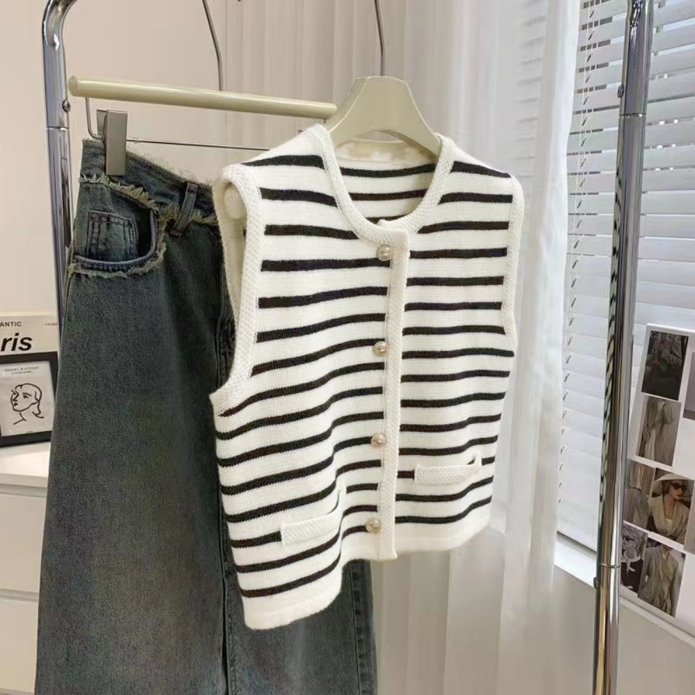 Korean Elegant Chic Knit Vest Stripe Casual Sweet Office Lady Cardigan Women's Sweater Jacket Vintage Basic Tank Top Outerwears