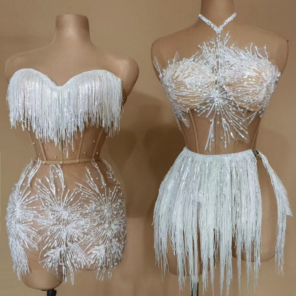 Glamoureuze Kwastje Mesh Verjaardagsfeestje Jurk Stage Performance Kostuum Dans Taille Splicing Hip Wrap Rok Outfit Vestidos De Gala