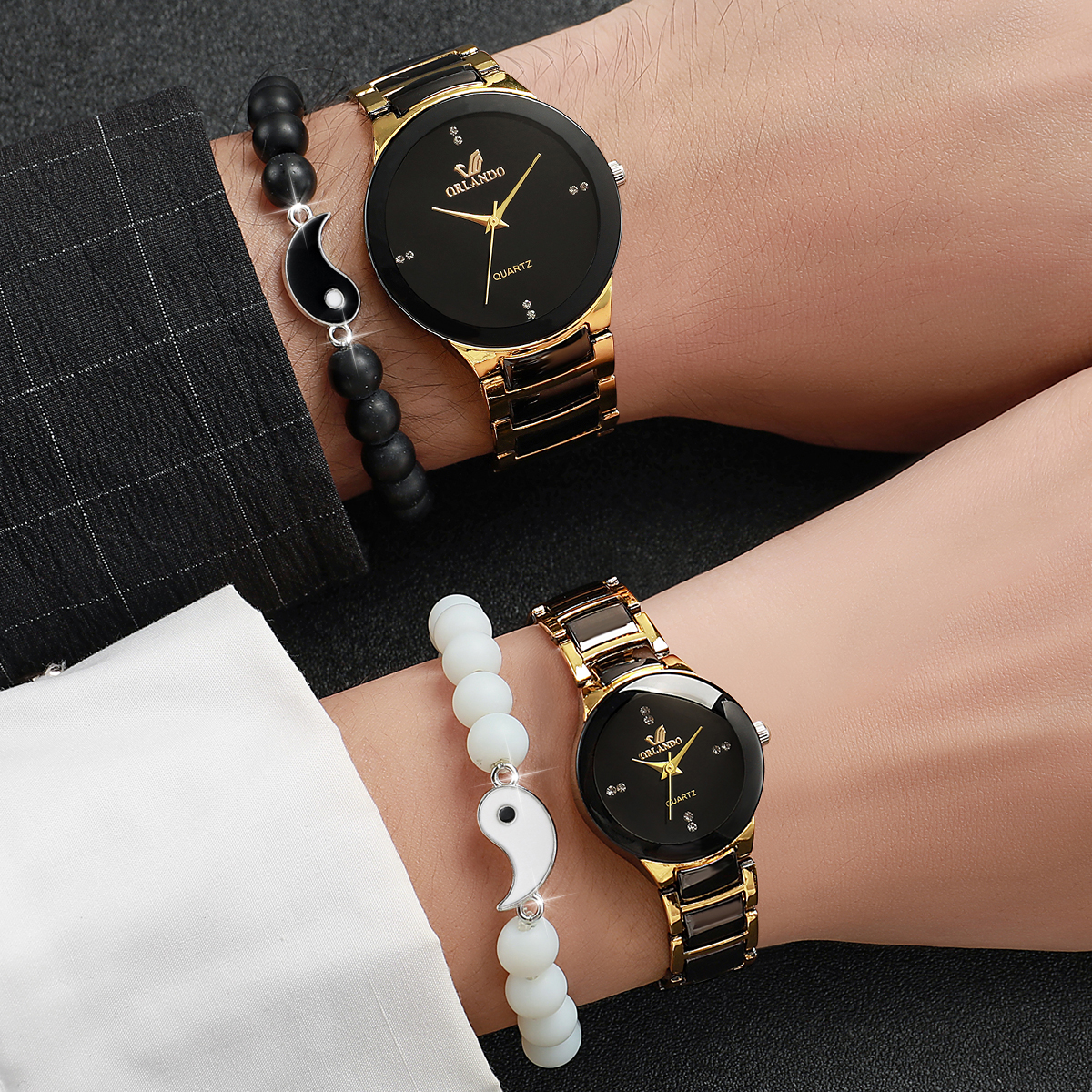 4 unids/set moda banda de acero inoxidable pareja reloj y pulsera de cuentas conjunto