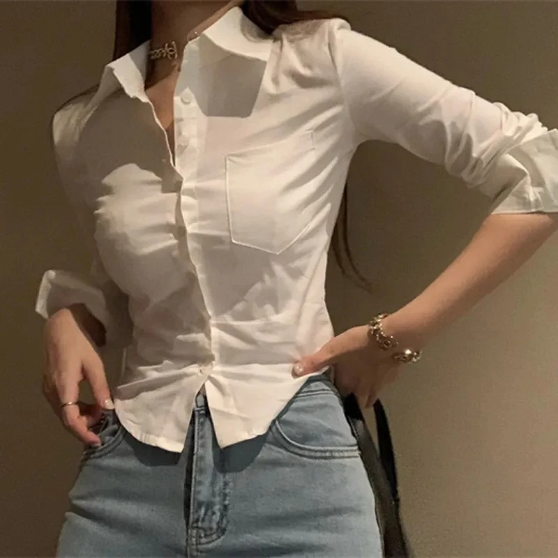 Koreaanse Witte Kantoor Vrouwen Chiffon Shirt Zak Knop Revers Dames Blouse Lente Commuter Lange Mouw Nieuwe Vrouwelijke Crop Tops
