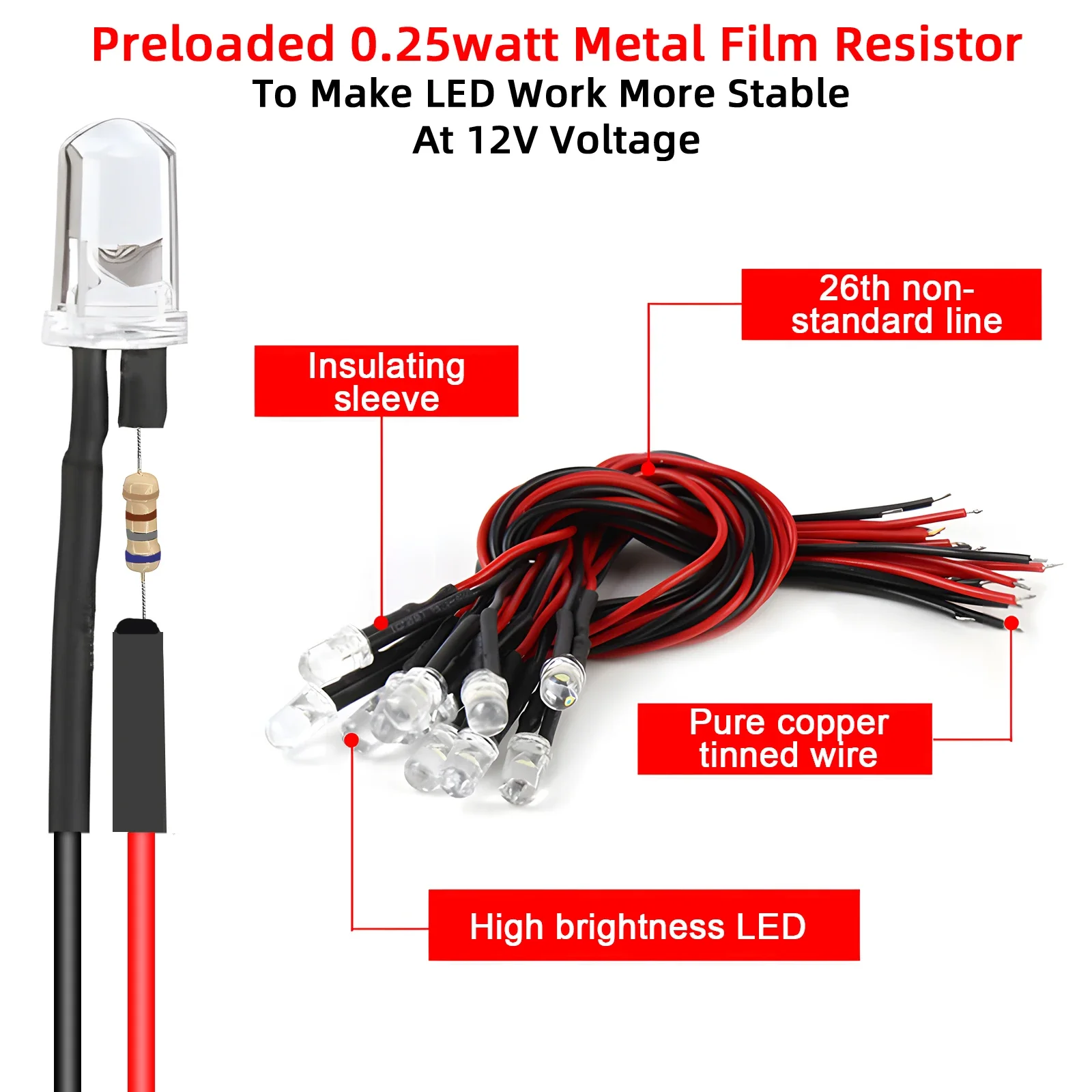 50pcs 12v Pre Wired Led Diode Lights 5mm Emitting Diodes Kit For DIY Scientific Experiment