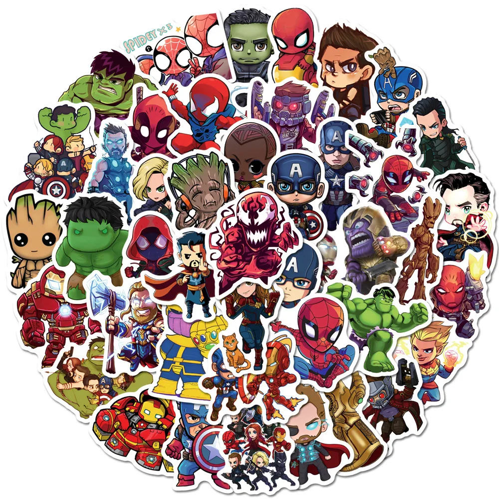 50/100/200Pcs 마블 귀여운 슈퍼 영웅 애니메이션 스티커 어벤저 스 노트북 스케이트 보드 오토바이 방수 스티커 어린이 장난감