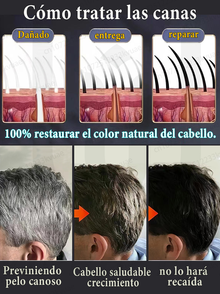 Esencia antiblanqueo natural pura, elimina las canas y vuelve el cabello negro desde la raíz.
