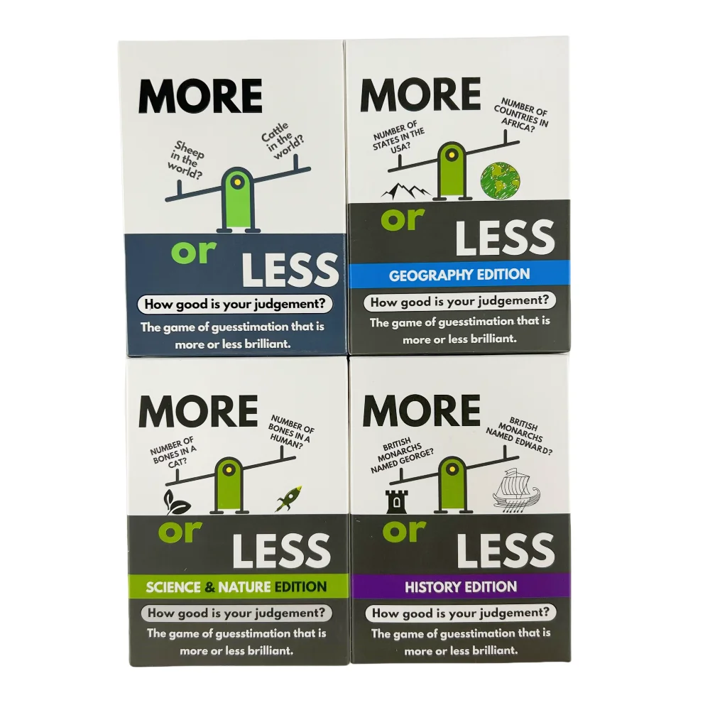 4 Styles More or Less Card Game How Good Is Your Judgement Geogpaphy History Science and Nature Edition Board Deck