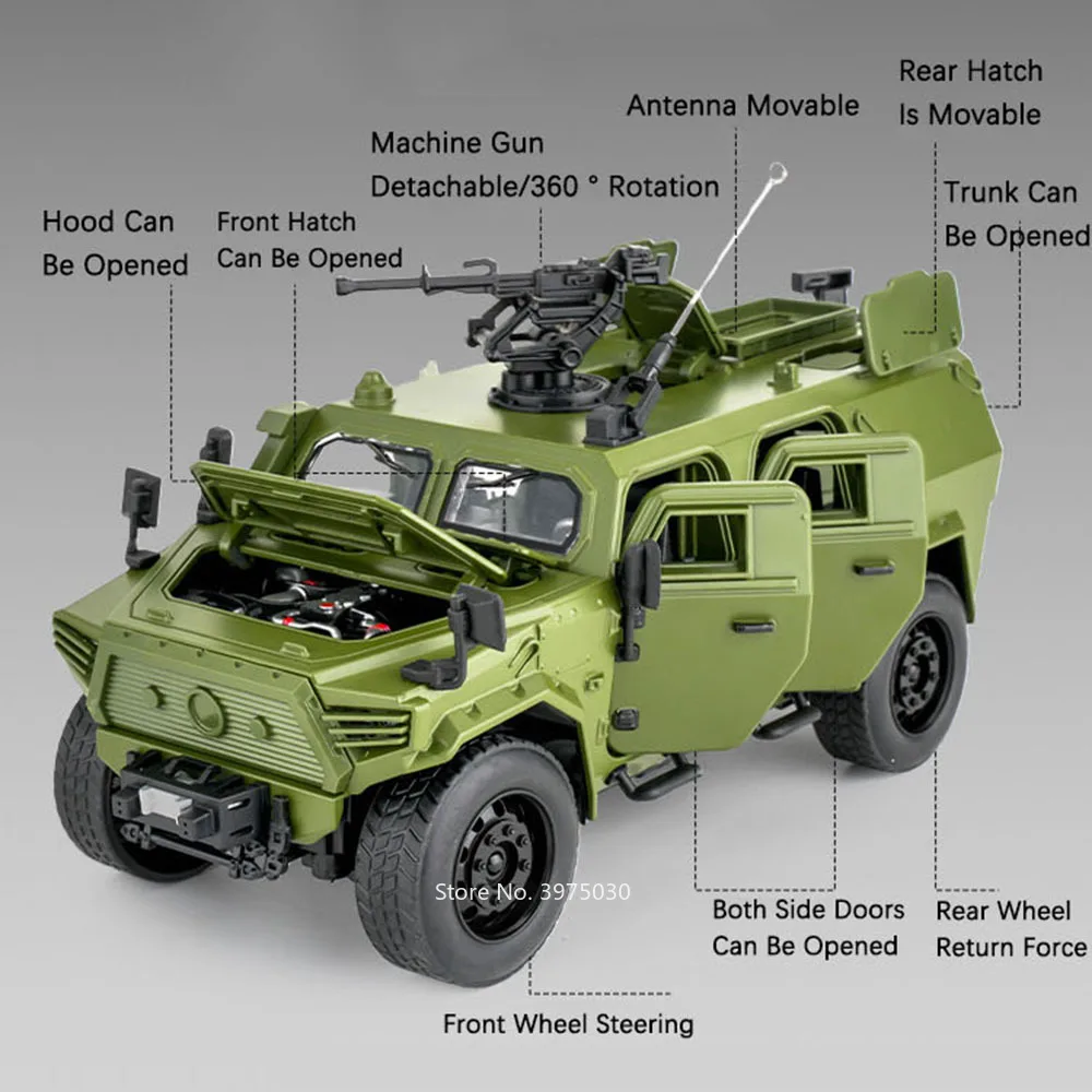 東風-m-terrain装甲車のおもちゃ、ミニチュアモデル、軽い音楽、軍用オフロード車、オープンドア、キッズクリスマスギフト、1:18