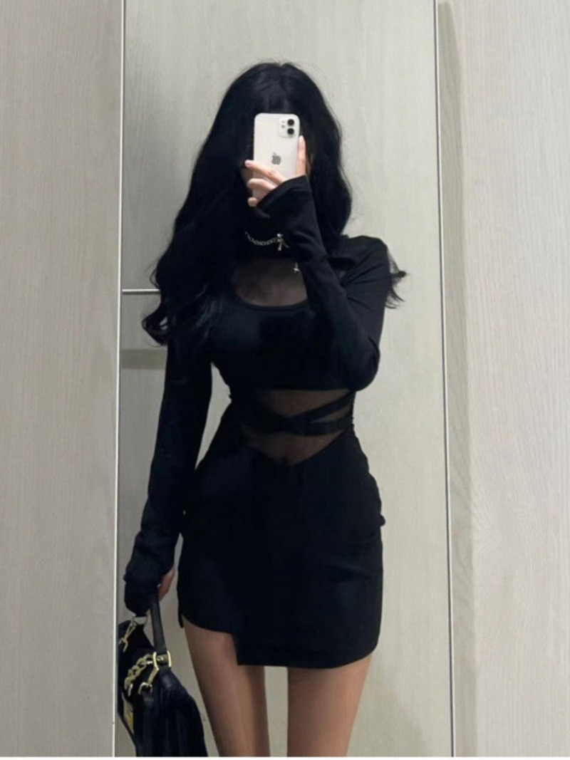 Pile Up Ärmel Neue Sexy Schwarz Fishbone Kleid Personalisierte Schlanke Frauen Kleid Dünne Gaze Perspektive Wrap Um Gesäß F8Q3