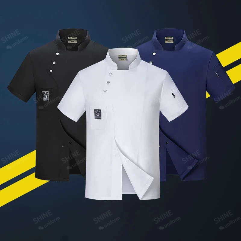 Homens chef manga curta uniforme cozinha restaurante chef casaco camisa padaria respirável chef vestido mangas compridas jaquetas avental