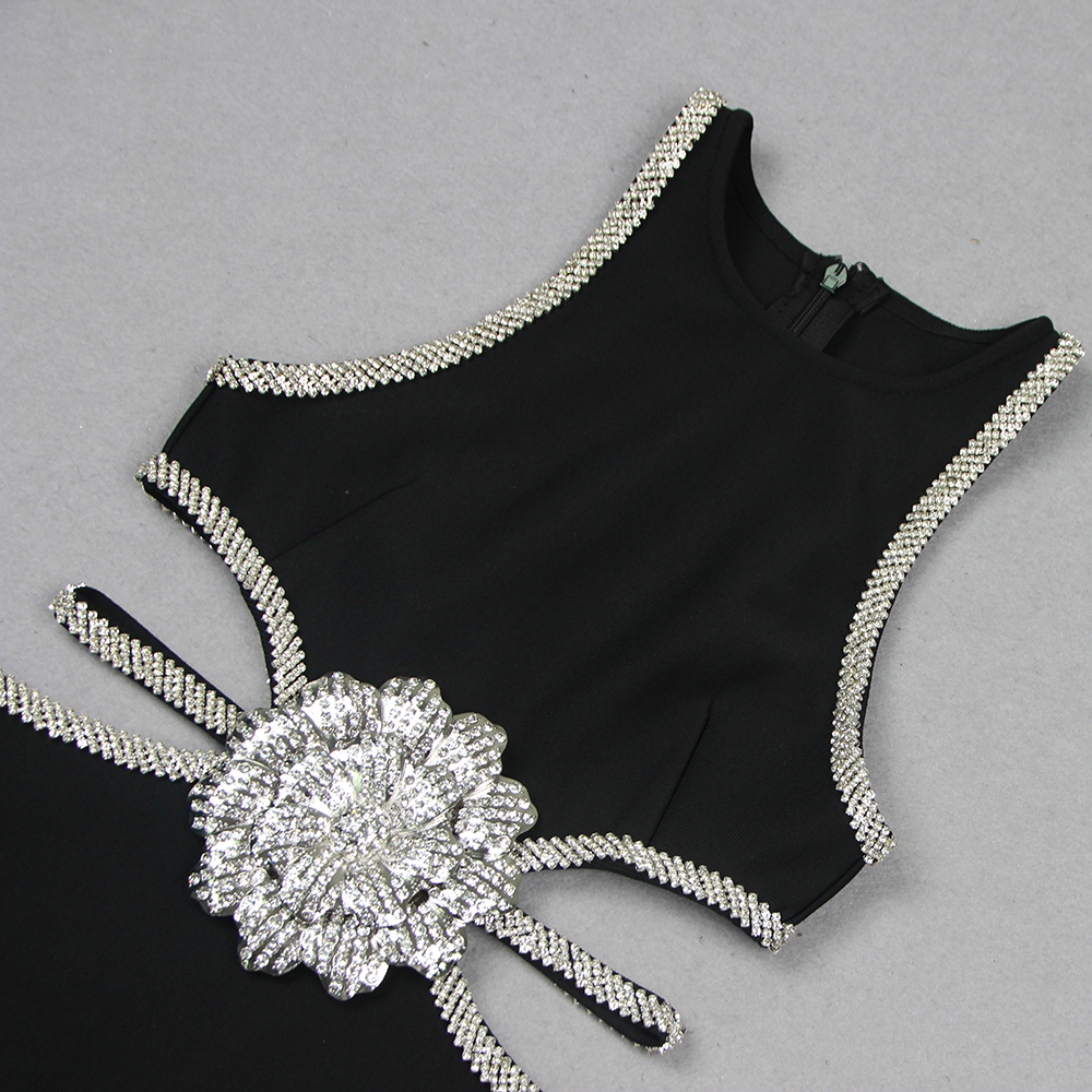 Kleezy เดรสสั้นคอกลมแขนกุดดอกไม้ประดับตกแต่งทรงโครงกระดูกรัดรูปสำหรับงานปาร์ตี้ตอนเย็นสุดเซ็กซี่แฟชั่นของผู้หญิงใหม่