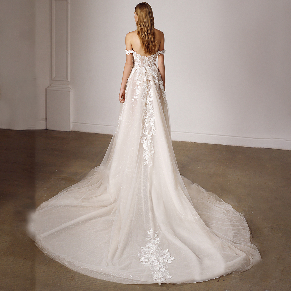 Luxe shimmer tule fora do ombro vestido de casamento com flores 3d bordadas querida inchado rendas até vestidos de noiva personalizados
