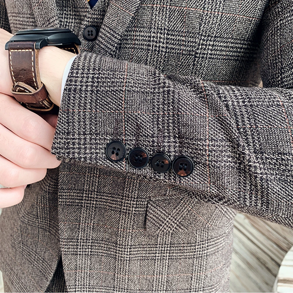 S-7XL (kurtka + kamizelka + spodnie) butik z modą krata formalny biznesowy garnitur męski 3 szt. Zestaw suknia ślubna dla pana młodego garnitur w kratę pokaz sceniczny