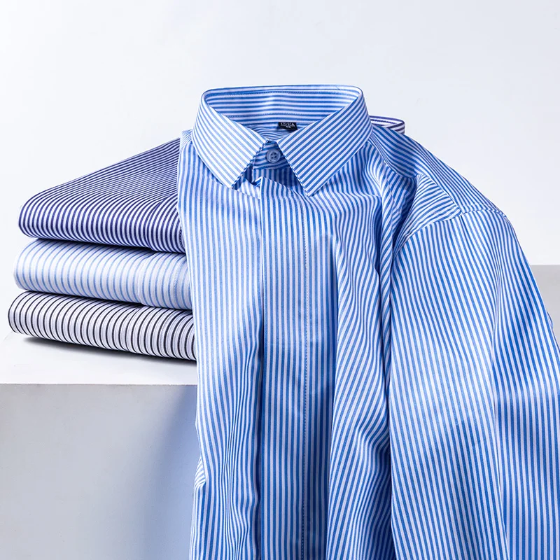 Camicia da uomo antirughe di nuova qualità Camicie eleganti a maniche lunghe per uomo Slim Fit Camisa Social Business Camicetta Camicia a righe 6XL 7XL