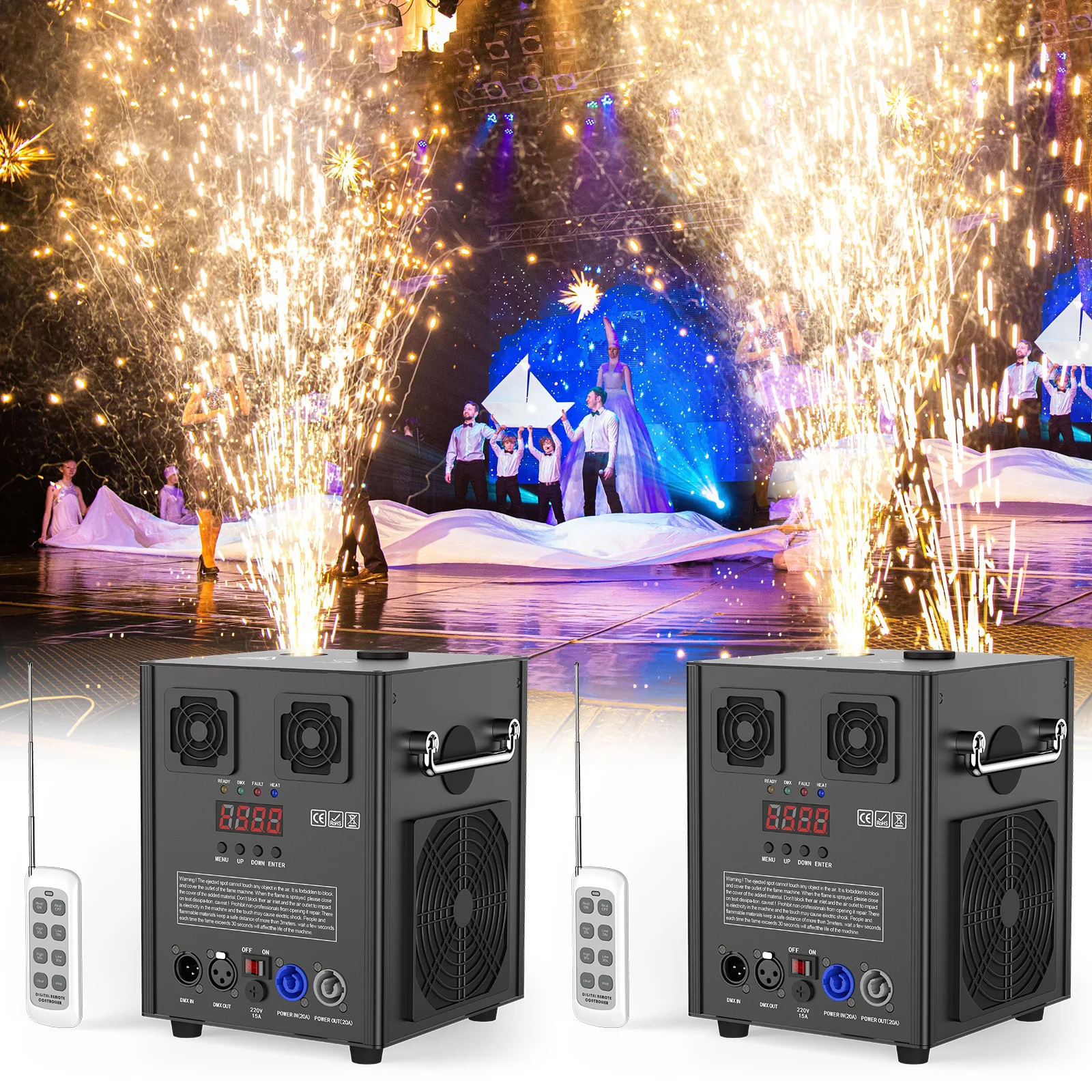 U'King 700W Machine à étincelles froides avec Flightcase Machine de pulvérisation de fleurs électronique intérieure/extérieure Machine de feu d'artifice de scène DMX