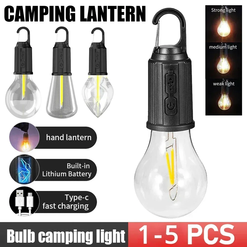 Luz LED para acampar tipo C, recargable por USB, resistente al agua, 400mAh, 100LM, luz para tienda con gancho, 3 modos de iluminación exterior