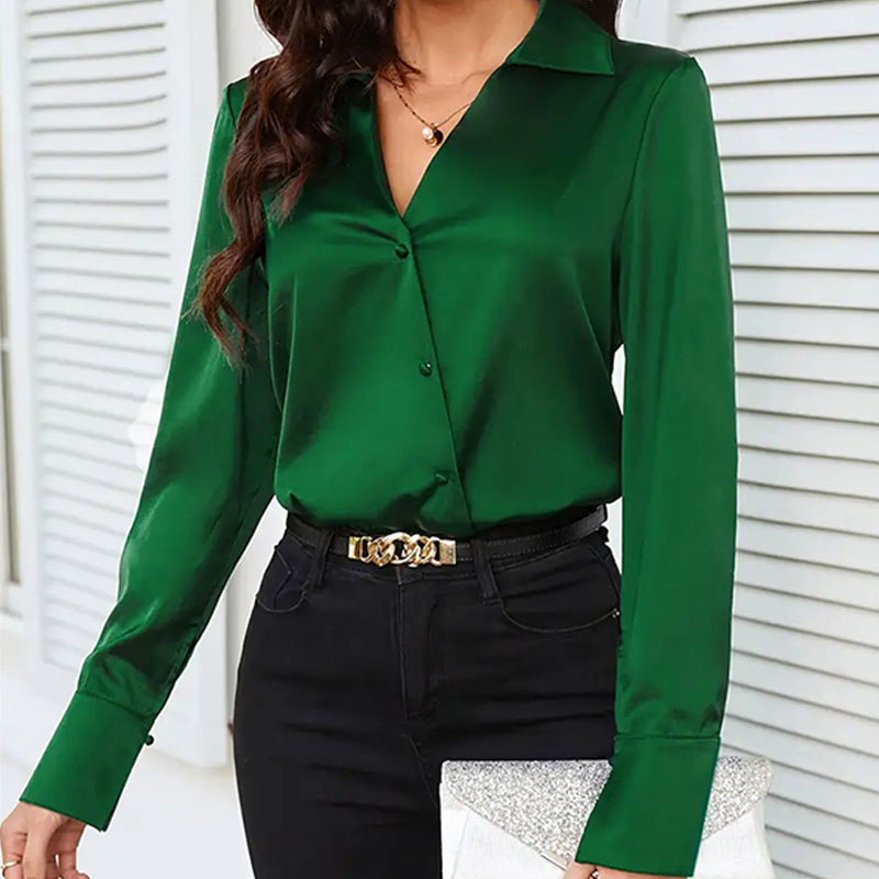 Tendência moda feminina casual elegante cetim camisa de manga comprida escritório camisas e blusas femininas finas roupas femininas verde como seda