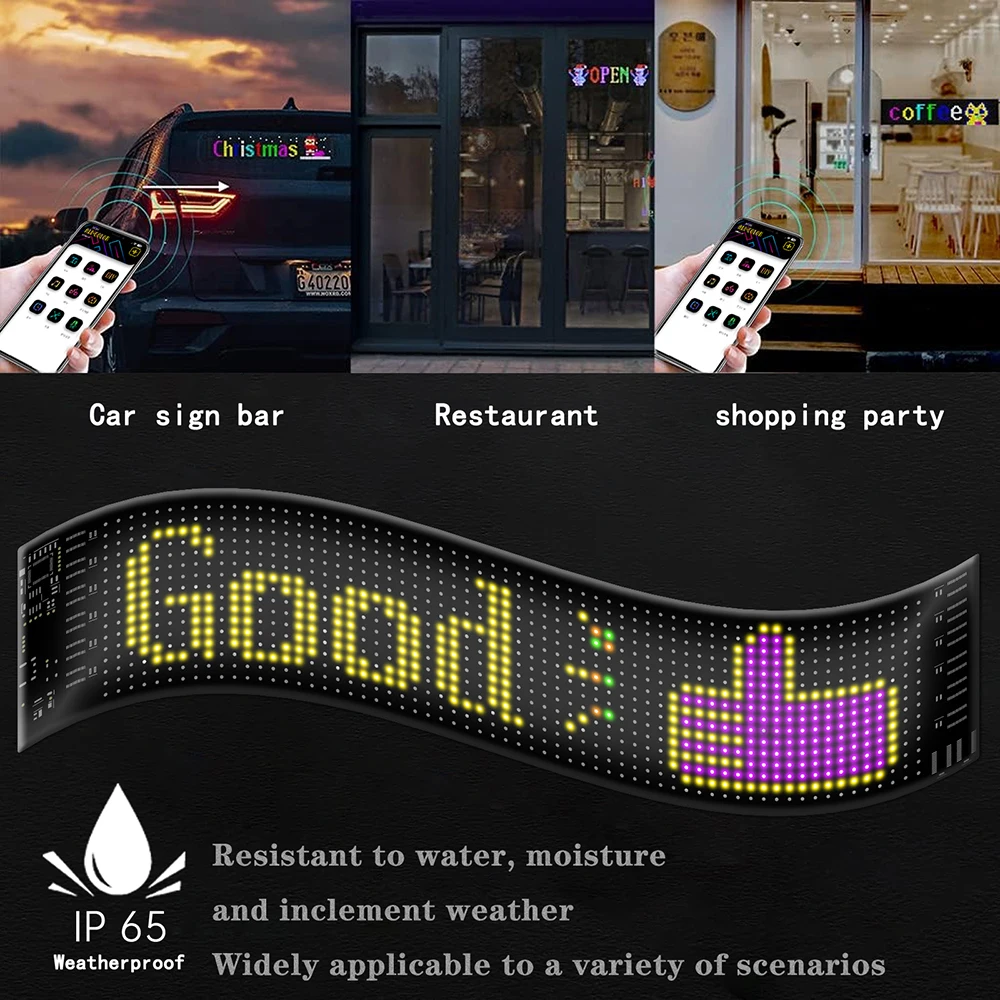 Panel de luz LED de píxeles de matriz, aplicación Bluetooth, 5V, Control USB, desplazamiento, publicidad, letrero LED para coche, animación programable para coche Sho