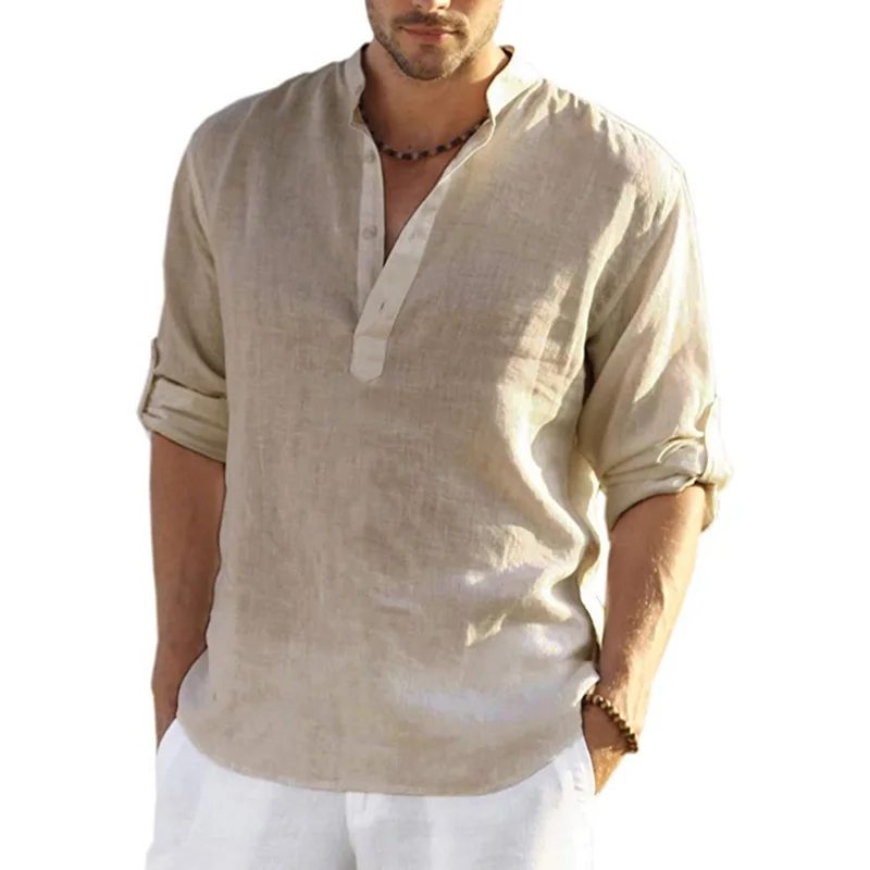 New Cotton Linen Shirt Men Solid Color Spring Summer Mens Casual Long Sleeve Cotton Linen Shirts Tops Size S-5Xl