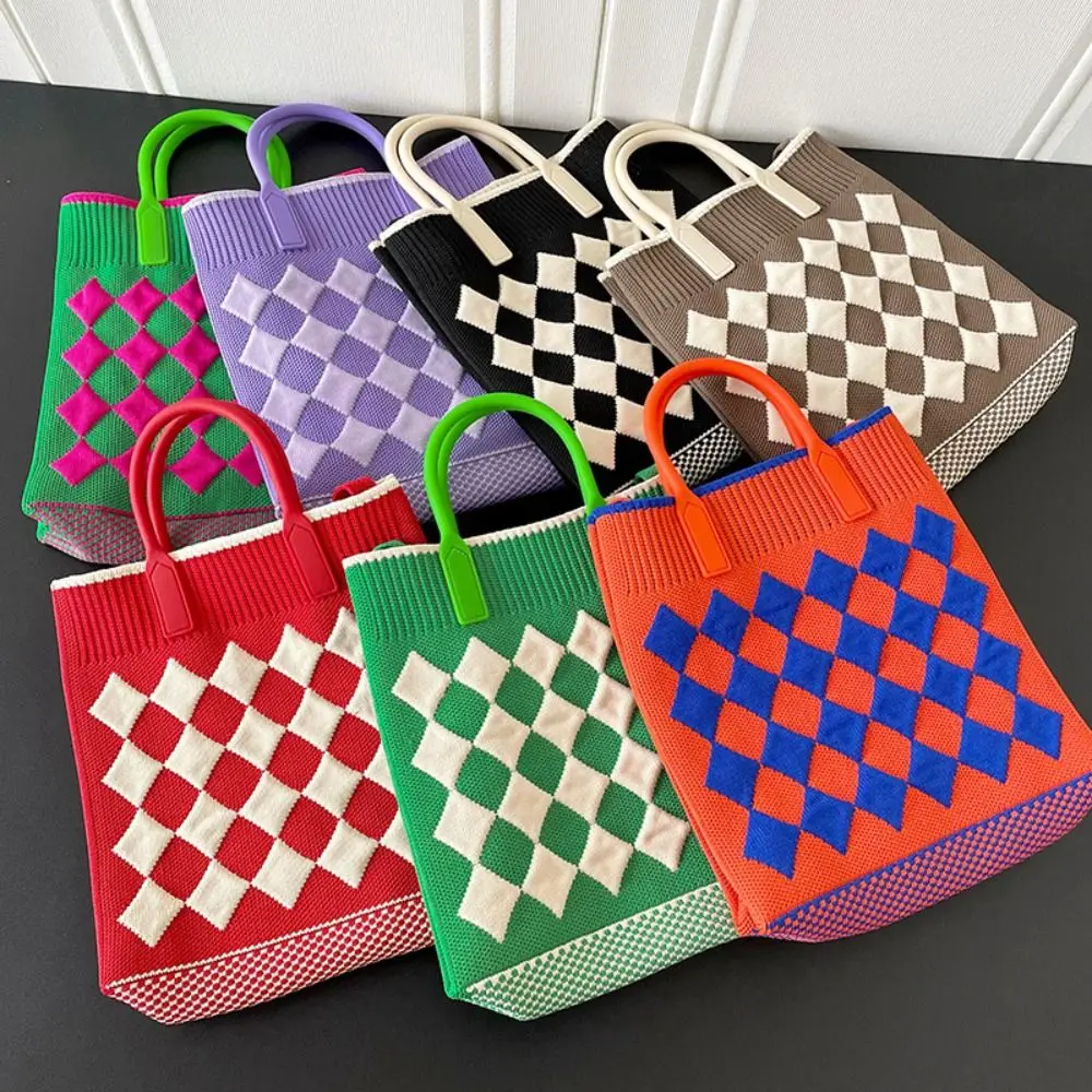 Kontrastierende Farben stricken Handtasche handgemachte rhombische Gitter Hoch leistungs telefon tasche Strick knoten Handgelenk Tasche Frauen
