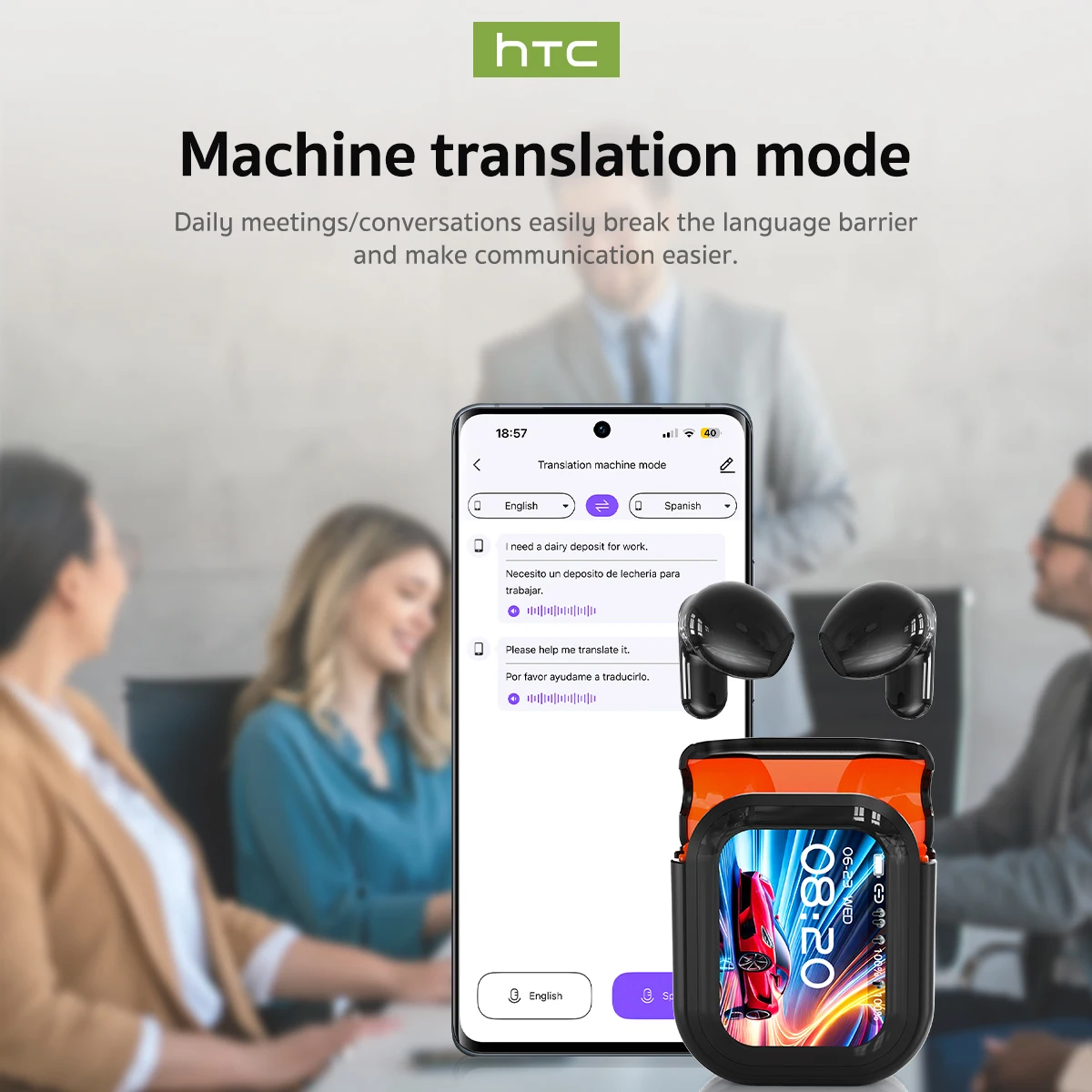 Traduttore HTC NE20 Nuove cuffie wireless Bluetooth 6.0 Auricolari per traduzione Classificazione impermeabile IPX4 Batteria a lunga durata