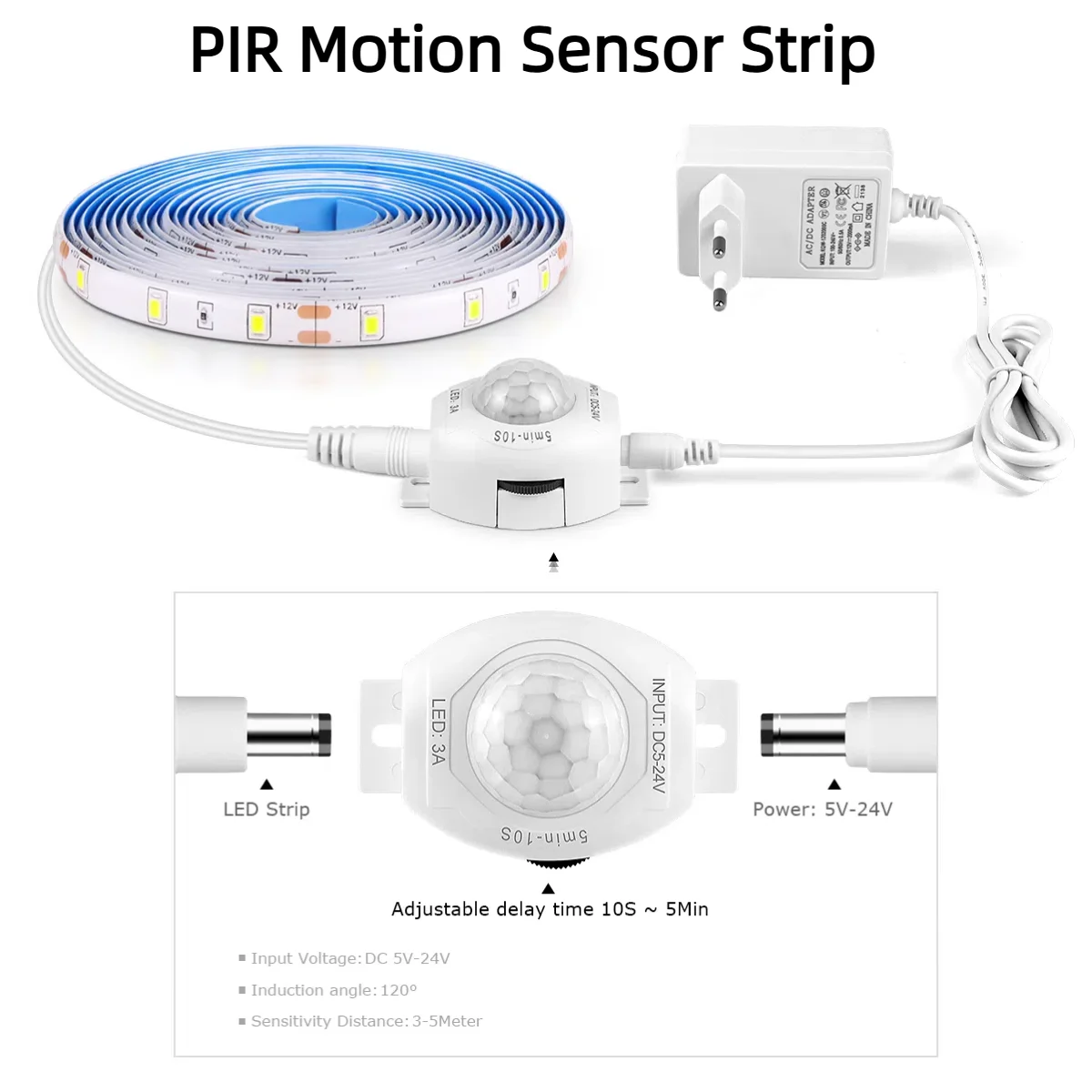 Tira de luces LED con Sensor de movimiento PIR inteligente, DC12V, resistente al agua, tiempo de retardo, ajustable, cortable, para el hogar, dormitorio, pasillo, escaleras