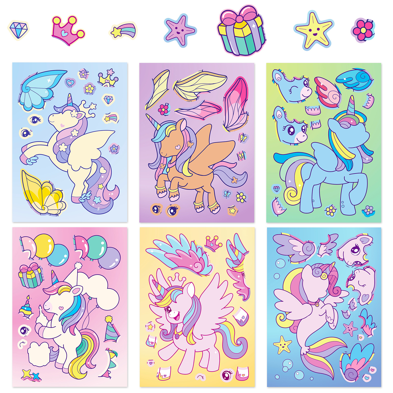 6 แผ่น Rainbow Horse เด็ก DIY ปริศนาสติกเกอร์เกม Unicorn Make A Face ตลกประกอบสติกเกอร์จิ๊กซอว์เด็กของเล่นเพื่อการศึกษา