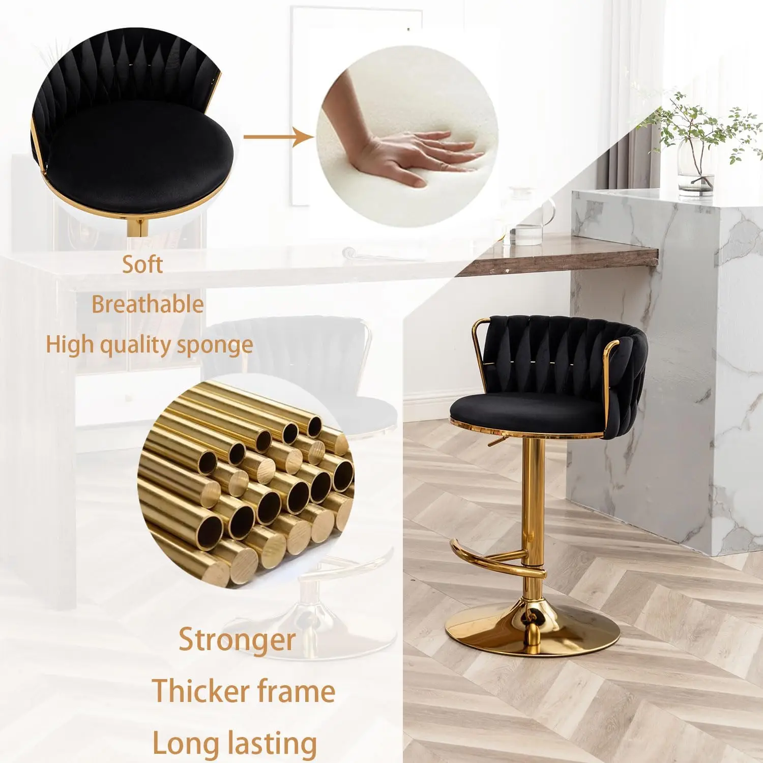 Velvet Bar Stools Set of 2, Counter Height Bar Stools with Low Back, Gold Swivel Bar Stools for Kitchen Island, Bar Pub (Black)
