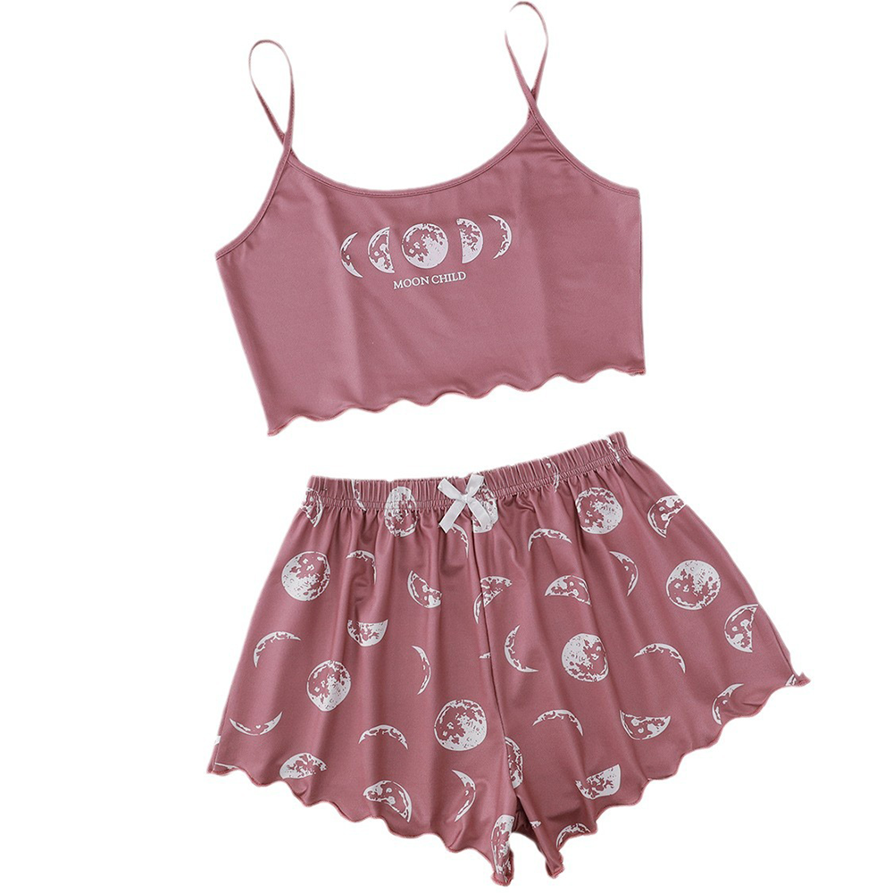 Conjunto de pijama para mujer, camisola deportiva y pantalones cortos, estampado de Luna rosa y Planeta, suave y cómodo, informal, Verano