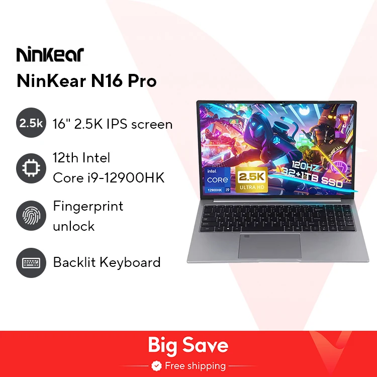 Ninkear N16 PRO Gaming-laptop 13e Intel i7-13620H WiFi 6 16-inch 2,5K IPS 120Hz 32GB DDR4 + 1TB SSD Kantoorcomputer Notebook