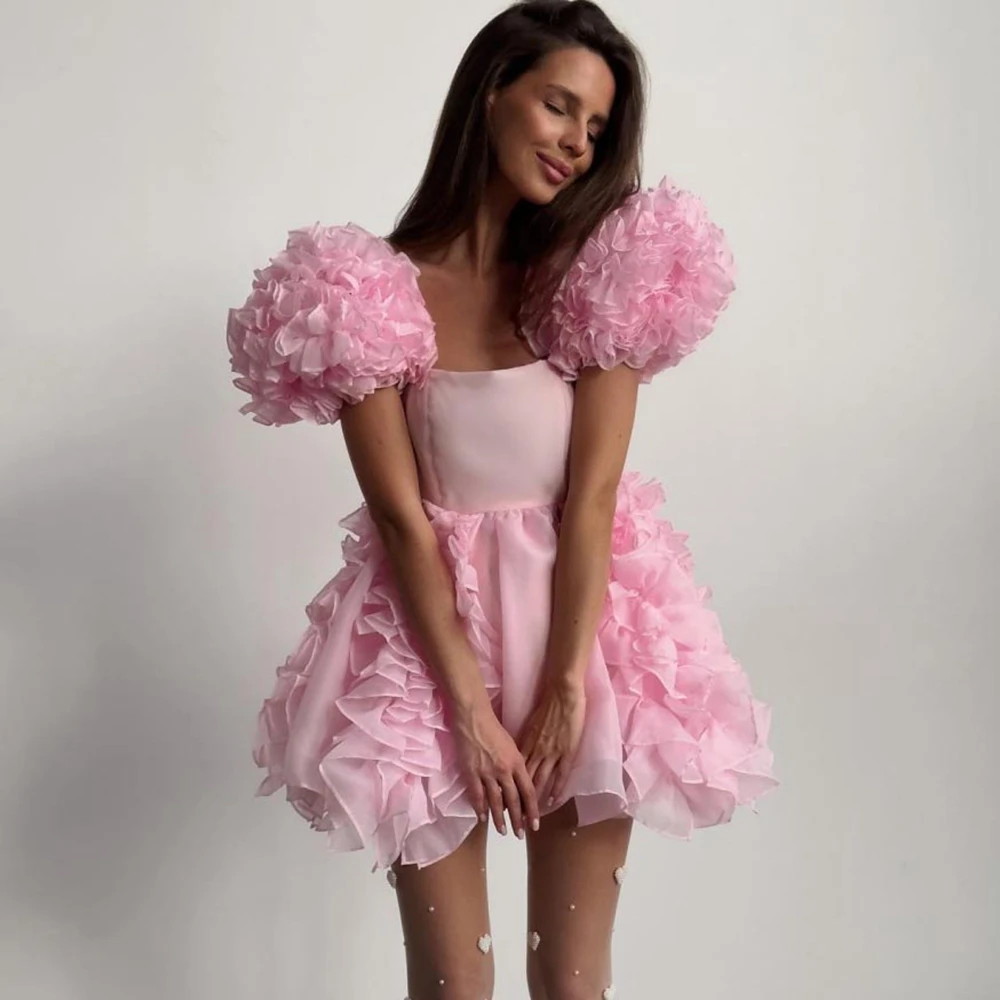 Vestido de bola de Organza con volantes para bebé, cuello cuadrado, rosa, esponjoso, manga de burbuja, vestido de fiesta, vestidos de cumpleaños en capas, Ever Pretty
