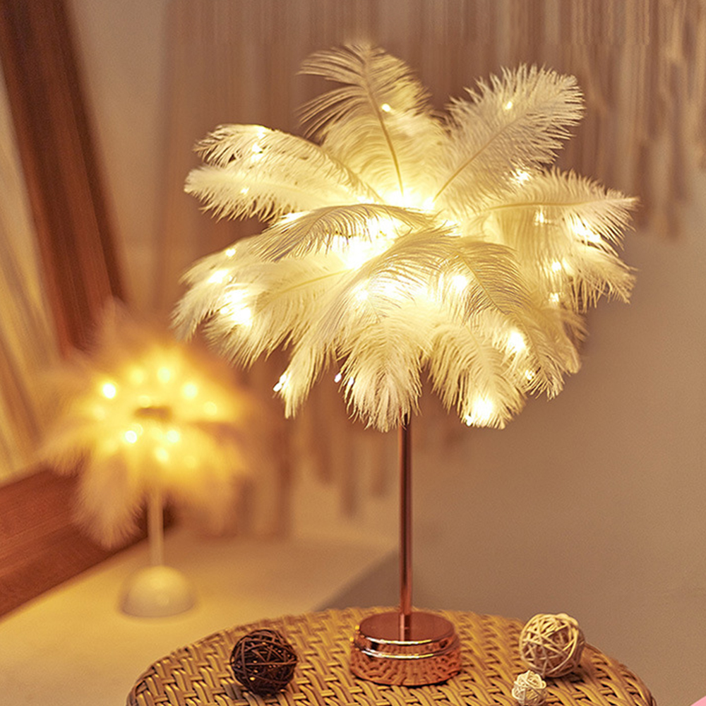 Feather Table Lamp Romantic Creative Feather Wedding Room Girl Bedroom Bedside Led Night Light Birthday Gift Home Decor