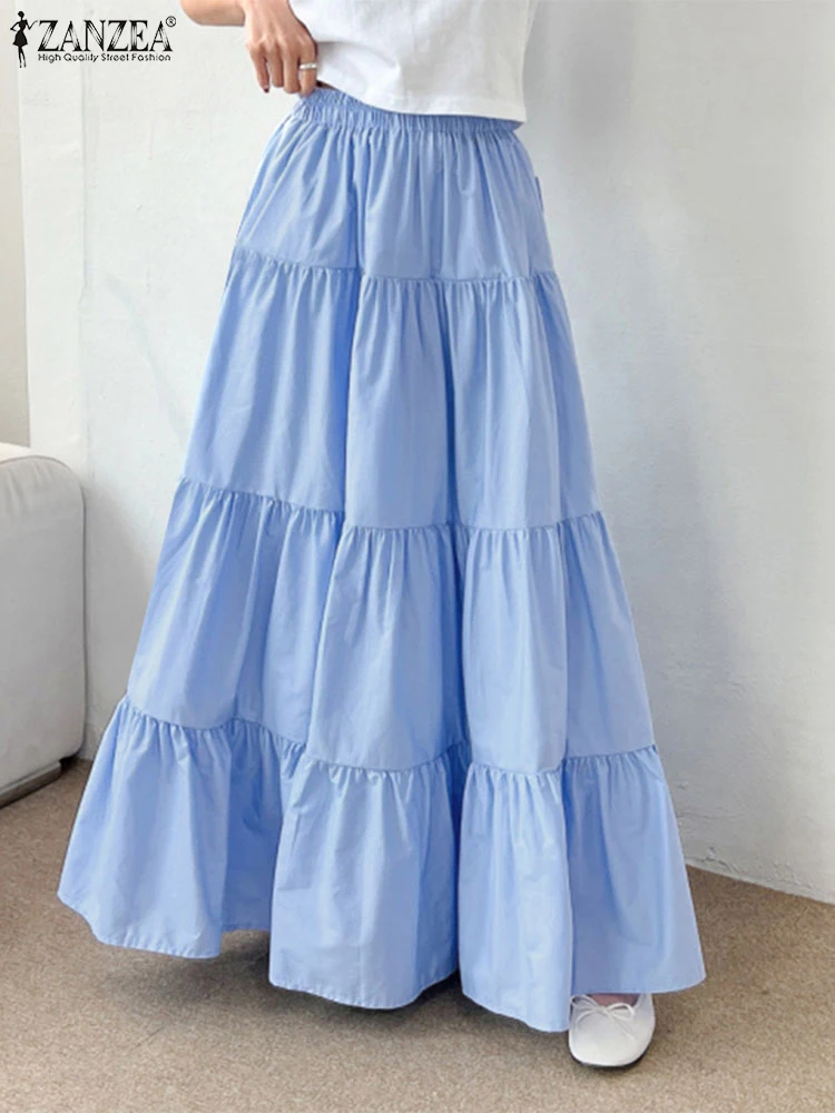 ZANZEA Donne Coreano Moda A File Maxi Gonna Elastico In Vita Casual di Colore Solido A-line Faldas Mujer Vacanza Streetwear Lunghi Jupes